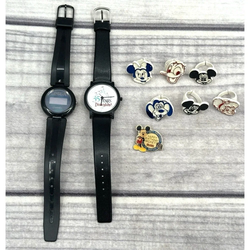 LOT OF VINTAGE DISNEY‎ COLLECTIBLES -90'S WATCHES/70'S PLASTIC RINGS/MICKEY PIN